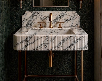 Calacatta Viola Marble Vanity Sink with Brass Stand – Handcrafted Luxury Bathroom Console