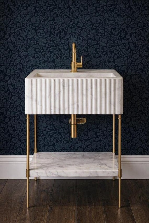 Carrara Marble Sink, Marble Shelf Basin, Brass / Gold Metal Stand