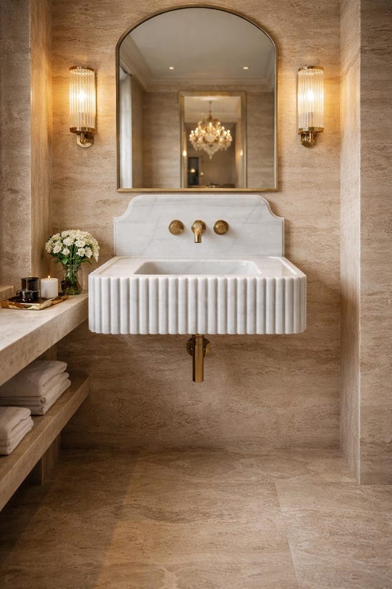 Hand Carved Carrara Marble Bathroom Sink | White Marble Wall Mount Sink with Backsplash | Luxury Floating Stone Vanity