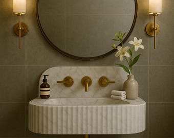 Hand Carved Carrara Marble Sink, Wall Mounted Vanity, Fluted Stone Bathroom Basin, Powder Room