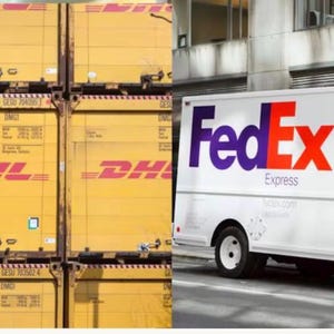 Pode incluir: Uma imagem dividida mostrando cont&ecirc;ineres de transporte DHL amarelos empilhados com logotipos vermelhos e n&uacute;meros de identifica&ccedil;&atilde;o &agrave; esquerda, e um caminh&atilde;o de entrega FedEx Express branco com o logotipo roxo e laranja &agrave; direita.