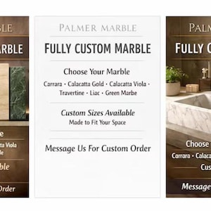 Pode incluir: Um display promocional da Palmer Marble com produtos de m&aacute;rmore personalizados. A imagem mostra v&aacute;rias amostras de m&aacute;rmore, op&ccedil;&otilde;es de texto para Carrara, Calacatta Gold, Calacatta Viola, Travertino, Liac e m&aacute;rmore verde, e uma pia de m&aacute;rmore branco com uma torneira dourada.