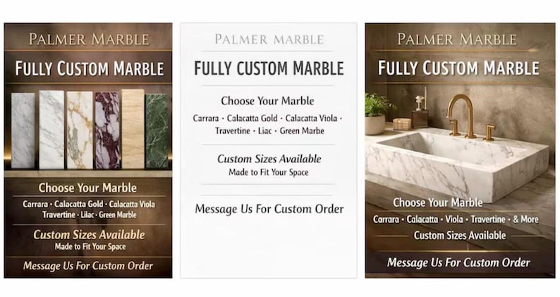 Pode incluir: Um display promocional da Palmer Marble com produtos de m&aacute;rmore personalizados. A imagem mostra v&aacute;rias amostras de m&aacute;rmore, op&ccedil;&otilde;es de texto para Carrara, Calacatta Gold, Calacatta Viola, Travertino, Liac e m&aacute;rmore verde, e uma pia de m&aacute;rmore branco com uma torneira dourada.