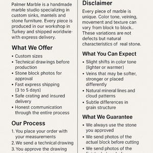 May include: Text-based advertisement for Palmer Marble, a handmade marble studio specializing in custom sinks, mantels, and stone furniture. The text details the company's offerings, process, and guarantees, emphasizing the natural variations of marble.