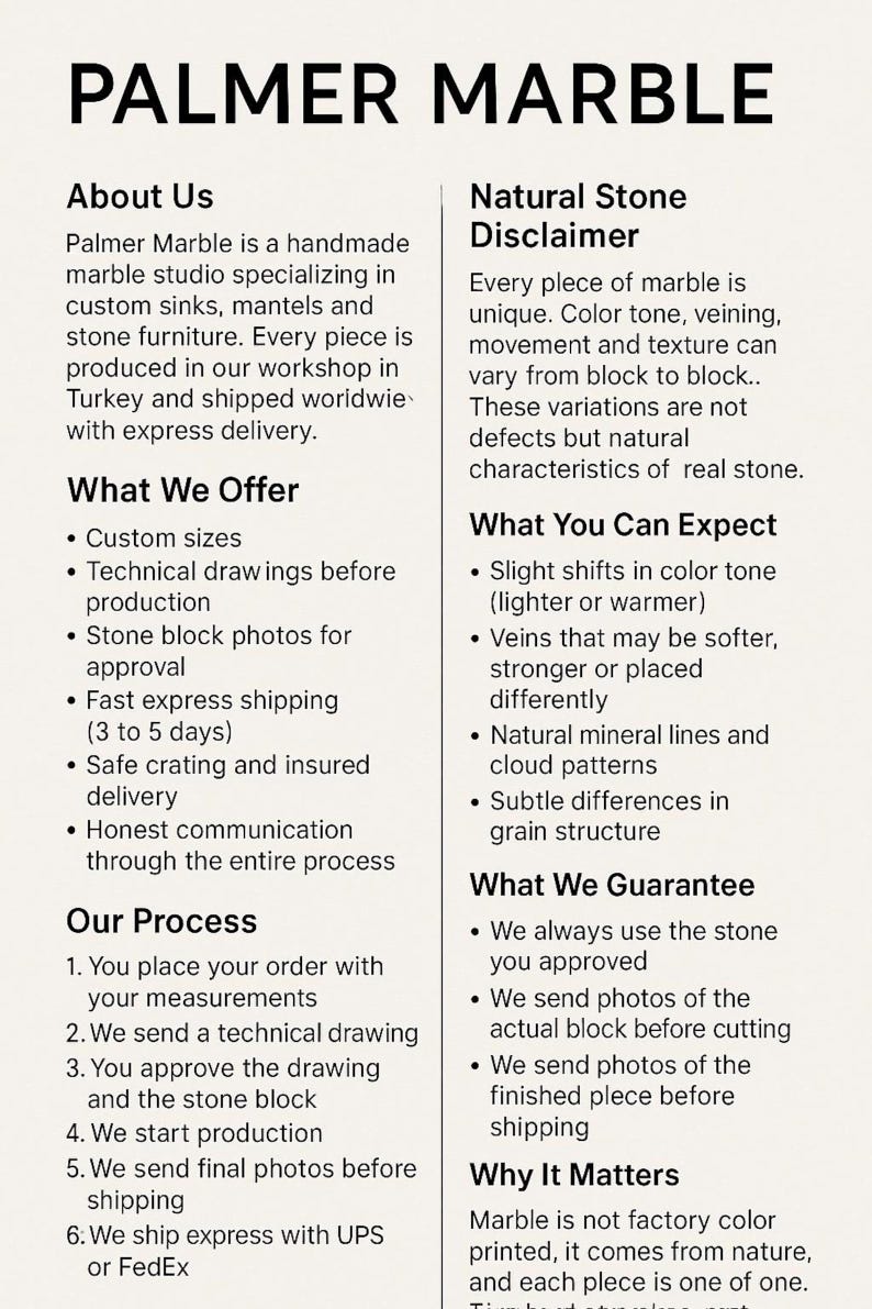 May include: Text-based advertisement for Palmer Marble, a handmade marble studio specializing in custom sinks, mantels, and stone furniture. The text details the company's offerings, process, and guarantees, emphasizing the natural variations of marble.