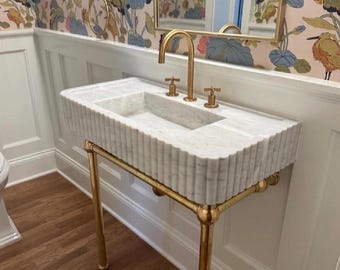 Carrara Marble Sink, Marble Shelf Basin, Brass / Gold Metal Stand