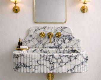 Lavabo de pared de mármol Calacatta Viola – Lavabo de tocador acanalado – Medidas personalizadas – Piedra auténtica – Envío rápido