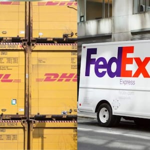 May include: Yellow DHL shipping containers stacked next to a white FedEx Express delivery truck. The DHL containers have the DHL logo and the number 837468. The FedEx truck has the FedEx logo.