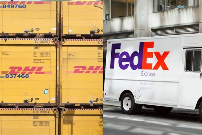 May include: Yellow DHL shipping containers stacked next to a white FedEx Express delivery truck. The DHL containers have the DHL logo and the number 837468. The FedEx truck has the FedEx logo.