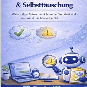 Op de afbeelding: Digitale illustratie met de titel "ChatGPT & Self-Deception". De afbeelding toont een robot, een laptop en een vergrootglas met een uitroepteken. Tekst bevat "33-pagina's PDF."