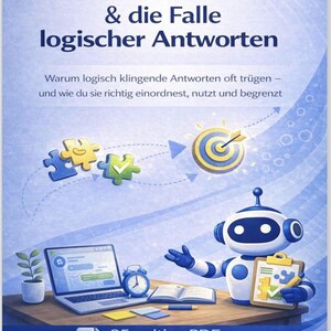 以下が含まれることがあります： ChatGPTと論理的な回答に関するPDFガイドを宣伝するデジタルイラスト。画像には、ロボット、ラップトップ、目覚まし時計、パズルのピースが描かれています。テキストには「ChatGPT & die Falle logischer Antworten」と「35-seitige PDF」が含まれています。