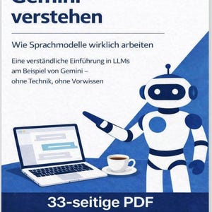 Puede incluir: Ilustración digital con un robot blanco y azul, un portátil mostrando una interfaz de chat y una taza de café. El texto "Gemini verstehen" y "33-seitige PDF" son visibles. El fondo es azul y blanco.