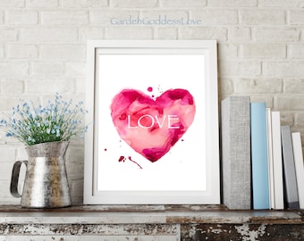 Heart Love Watercolor Heart, Love Inspired Art Print, Instant Digital Download, Printable Love Art, Inspiring Printable Art, Red Heart Love