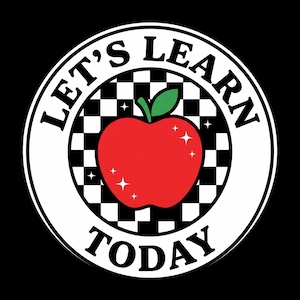 Puede incluir: Un diseño gráfico circular que presenta una manzana roja con una hoja verde en el centro, sobre un fondo de cuadros blancos y negros. El texto LET'S LEARN TODAY está impreso en letras mayúsculas negras a lo largo del borde circular blanco.