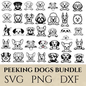 Può includere: Illustrazioni in bianco e nero di varie razze di cani che sbucano da una linea. L'immagine include una varietà di razze canine, come un Labrador, un Bulldog francese e un Dalmata. Il testo in basso recita "PEEKING DOGS BUNDLE SVG PNG DXF."