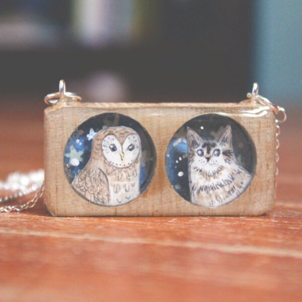 Die Owl and The Pussycat Halskette - Tier Collier, tierische Schmuck Katze und Eule Halskette, unter 50 für Frauen