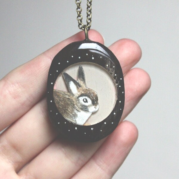framed bunny necklace, woodland rabbit jewelry, animal pendant, wood, wooden jewelry,  bunny art