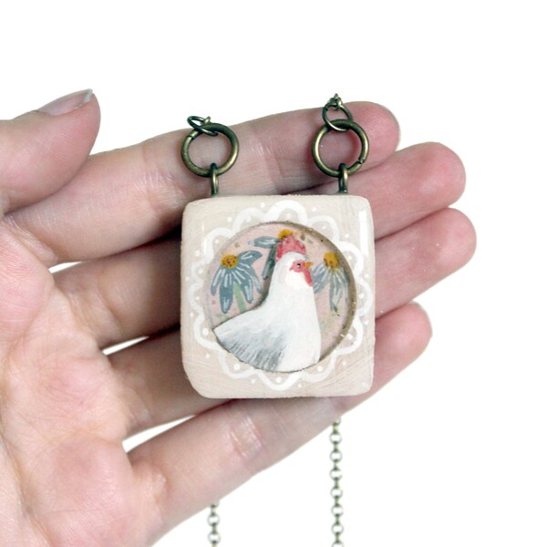 Farm Chicken Necklace- Pink Chicken Portrait, shadow box necklace