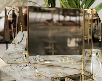 Makeup Mirror Brass Desktop - Gold Decorative Scandinavian Portable Bedroom - Modern Decor
