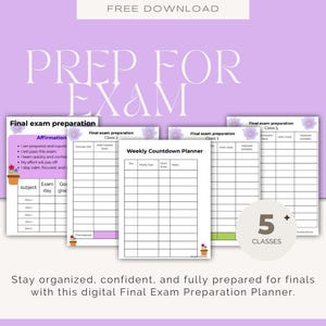 Peut inclure: Planificateur numérique de préparation aux examens finaux avec cinq classes. Le planificateur comprend des feuilles d'affirmation, des pages de préparation de classe et un planificateur de compte à rebours hebdomadaire. Le fond est violet clair avec les mots "PREP FOR EXAM".
