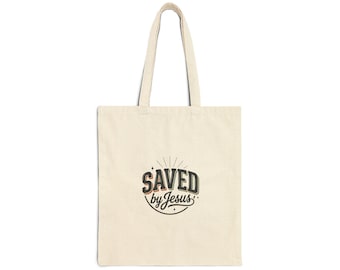 Saved by Jesus Tote, Christian Streetwear, bold vintage type, washed neutral canvas