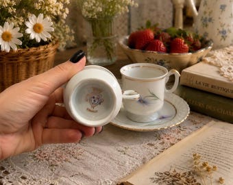 Vintage französische Espressotassen & Untertassen 2er Set | Porzellan Mokkatassen | Goldrand | Blaues Blumen-Tee-Set | Cottagecore Geschenk