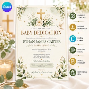 Pode incluir: Um cartão de convite retangular para dedicação de bebé com uma cruz dourada, detalhes florais brancos e folhagem verde. O texto diz A SPECIAL BLESSING BABY DEDICATION, ETHAN JAMES CARTER, Sunday, September 20, 2026, 11:00 AM, Grace Community Church e Psalm 127:3.