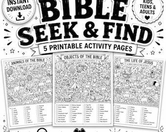 May include: A black and white printable activity set titled BIBLE SEEK & FIND, featuring 5 pages with illustrations of animals, objects, and scenes from the Bible. Each page includes a checklist of items to locate, with icons for search, find, and learn.