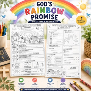 Könnte beinhalten: Ein God's Rainbow Promise Bibelgeschichten- und Aktivitätsset mit zwei druckbaren Blättern, die schwarz-weiße Illustrationen, Text und pädagogische Übungen basierend auf Genesis 9:8-17 enthalten, einschließlich einer Reihenfolge der Geschichte.