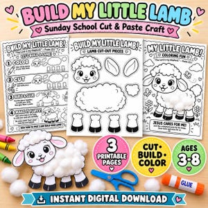 May include: A printable craft set titled Build My Little Lamb featuring three pages of black and white line art for coloring, cutting, and pasting. Includes a finished lamb model with cotton balls, scissors, and a glue stick on a wooden surface.