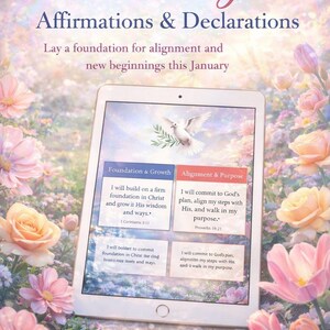 May include: A digital download for January with the text "January Affirmations & Declarations". The image features a tablet displaying affirmations, a dove graphic, and floral accents. The download is faith-based.