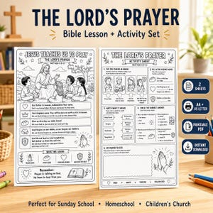 Könnte beinhalten: Ein schwarz-weißes, druckbares Bibellektions- und Aktivitätsset mit dem Titel The Lord's Prayer. Das Set enthält zwei Blätter mit Illustrationen von Jesus und Kindern, Text aus Matthäus 6,9-13, Lückentexte sowie verschiedene Zuordnungsaufgaben.