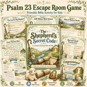 Op de afbeelding: Een Psalm 23 Escape Room Game printbare activiteitenset voor kinderen met een centrale omslag getiteld The Shepherd's Secret Code, omringd door vijf puzzelbladen, een antwoordsleutel en een felicitatiepagina, versierd met schapen, rollen en sleutels.