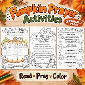 Peut inclure: Trois pages d'activités imprimables intitulées Pumpkin Prayer Activities présentant des dessins au trait en noir et blanc de citrouilles, d'enfants en prière et du texte. Les pages incluent des sections pour colorier, lire et écrire des prières.