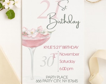 Editable 21st Birthday Invitation | Martini Cocktail Invite | Pink Floral Party Template | Instant Download