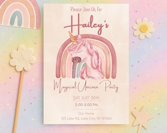 May include: A pastel-colored invitation for a "Magical Unicorn Party" featuring a pink unicorn with a rainbow. The invitation includes the text "Please Join Us For Hailey's" and event details. Decorative wooden cutouts of a rainbow, flower, and star are also present.