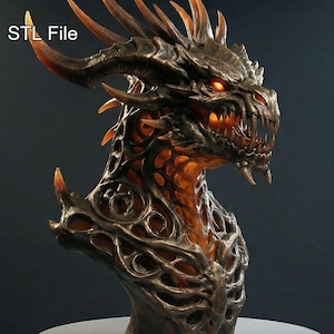 May include: A detailed dragon bust sculpture with the text "Dragon Bust 02" and "STL File". The dragon is dark brown with orange highlights, glowing eyes, and sharp teeth. The bust is on a white pedestal.