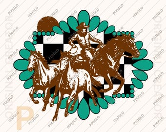 Cowboy PNG, SVG Sonnenuntergang Checker Türkis Rahmen * Rodeo Digital Art Download Druckbare Western-Shirt Druck on Demand #1207