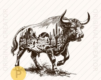 Western Bull PNG, SVG Line Art * Rodeo Digital Art Download Printable Western Shirt Print on Demand #1190
