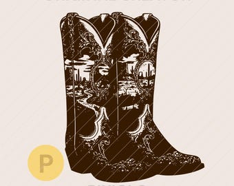 Western PNG, SVG Boot Vintage Line Art png * Rodeo Digital Art Download Printable Western Shirt Print on Demand #808