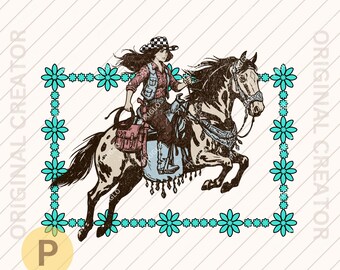 Cowgirl Checker Türkis Rahmen Vintage png * Rodeo Digital Art Download Printable Western Shirt Print on Demand #1011
