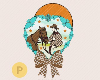 Cowboy Vintage Checker Schleife Türkis Sonnenuntergang Rahmen png * Rodeo Digital Art Download Printable Western Shirt Print on Demand #583
