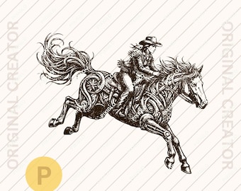 Cowgirl PNG, SVG Robot Horse Western Line Art png * Rodeo Digital Art Download Printable Western Shirt Print on Demand #1021