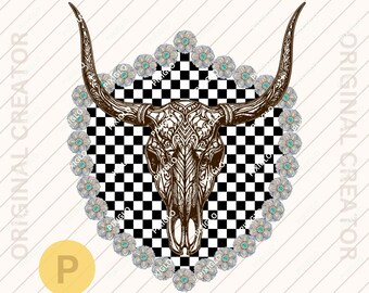 Western Bull Checker Türkis Rahmen png * Rodeo Digital Kunst Download Printable Western Shirt Print on Demand #1049