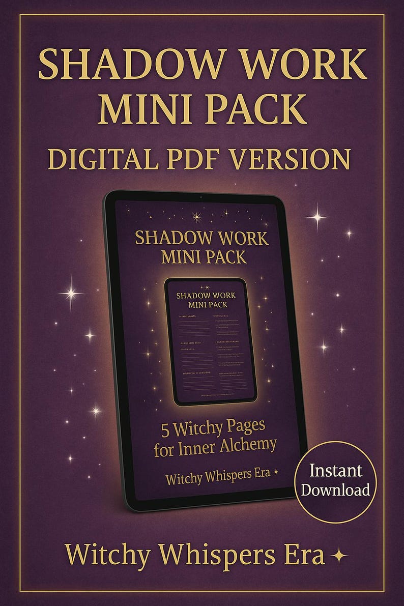 May include: A digital PDF version of the "Shadow Work Mini Pack" is displayed on a tablet. The image features text that reads "5 Witchy Pages for Inner Alchemy" and "Instant Download". The background is a dark purple with star-like sparkles.