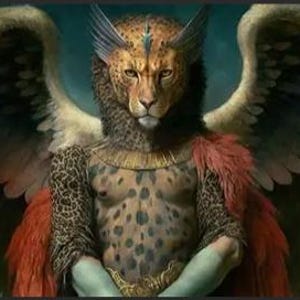 May include: A digital painting of a humanoid figure with a cheetah-like head, feathered wings, and a spotted torso. The figure wears a red and orange cape and a gold collar. The background is a dark teal colour.