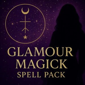 May include: A purple background with gold text and a gold circular design. The text reads "GLAMOUR MAGICK SPELL PACK". A silhouette of a person is on the right side of the image. The circular design includes a crescent moon, a cross, and a star.