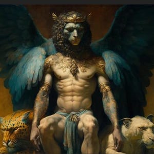 May include: An artistic depiction of a winged humanoid figure with a lion's head, adorned with gold jewelry and a crown. The figure is seated between two large cats, a leopard and a lioness, against a warm, golden background.