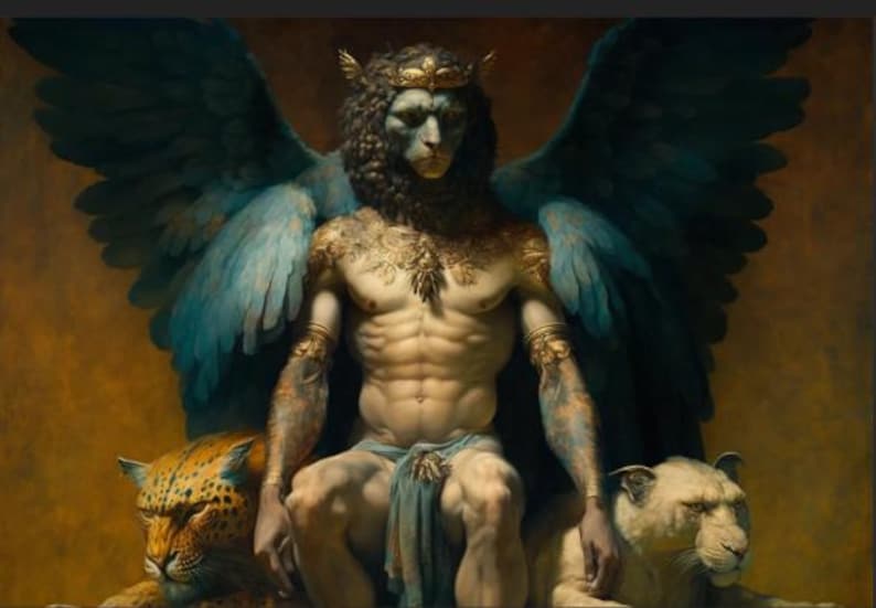 May include: An artistic depiction of a winged humanoid figure with a lion's head, adorned with gold jewelry and a crown. The figure is seated between two large cats, a leopard and a lioness, against a warm, golden background.