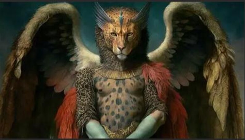 May include: A detailed digital painting of a humanoid figure with a cheetah-like head, feathered wings, and a spotted torso. The figure wears a red and orange cape and a gold collar. The background is a dark teal color.